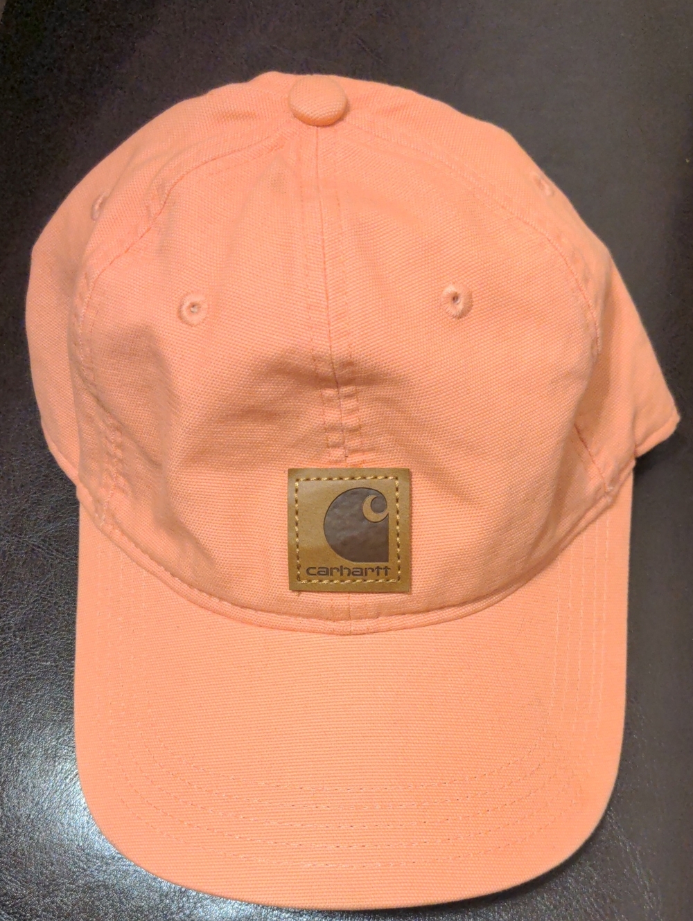 Carhartt Peach Logo Patch Baseball Trucker Cap Hat W/ Brown Leather Patch